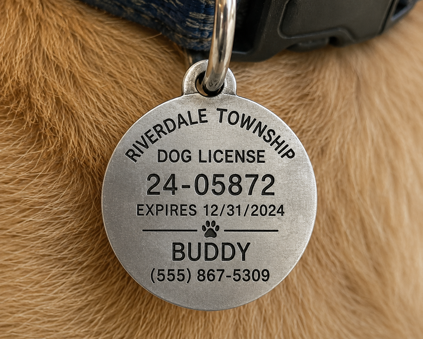 Old-school plastic dog license tag on a dog's collar